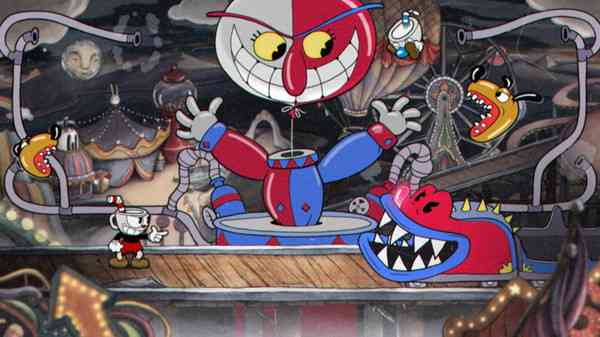 Cuphead jumping through platform level